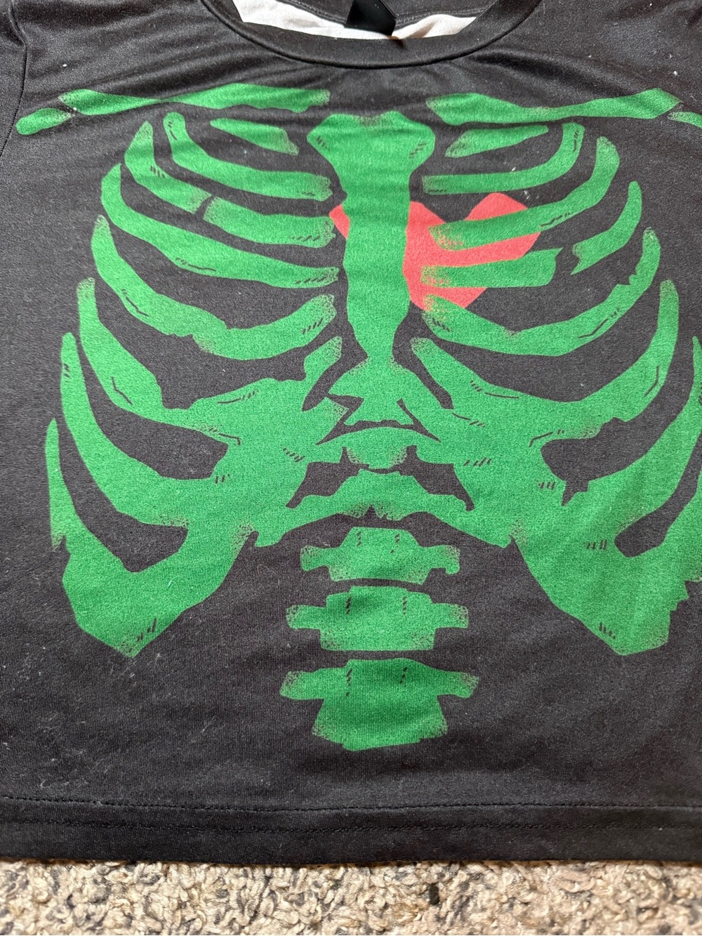 SHEIN Black crop top with Green Ribcage Graphic and Red Heart Accent